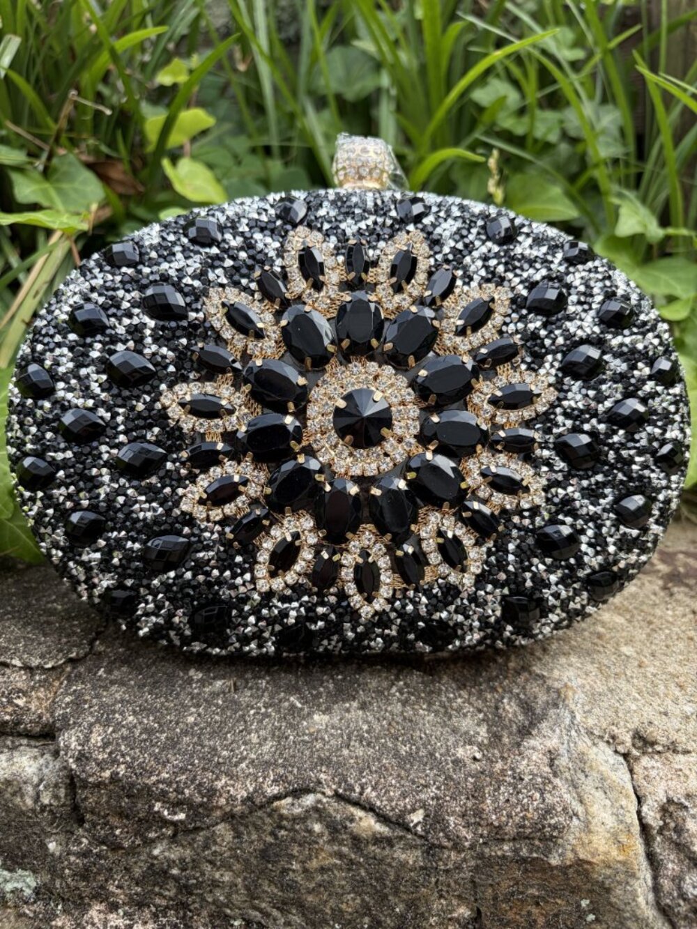 Ramla Bejeweled Crystal Evening Bag Black Gold Rhinestones Vacation Cruise NEW